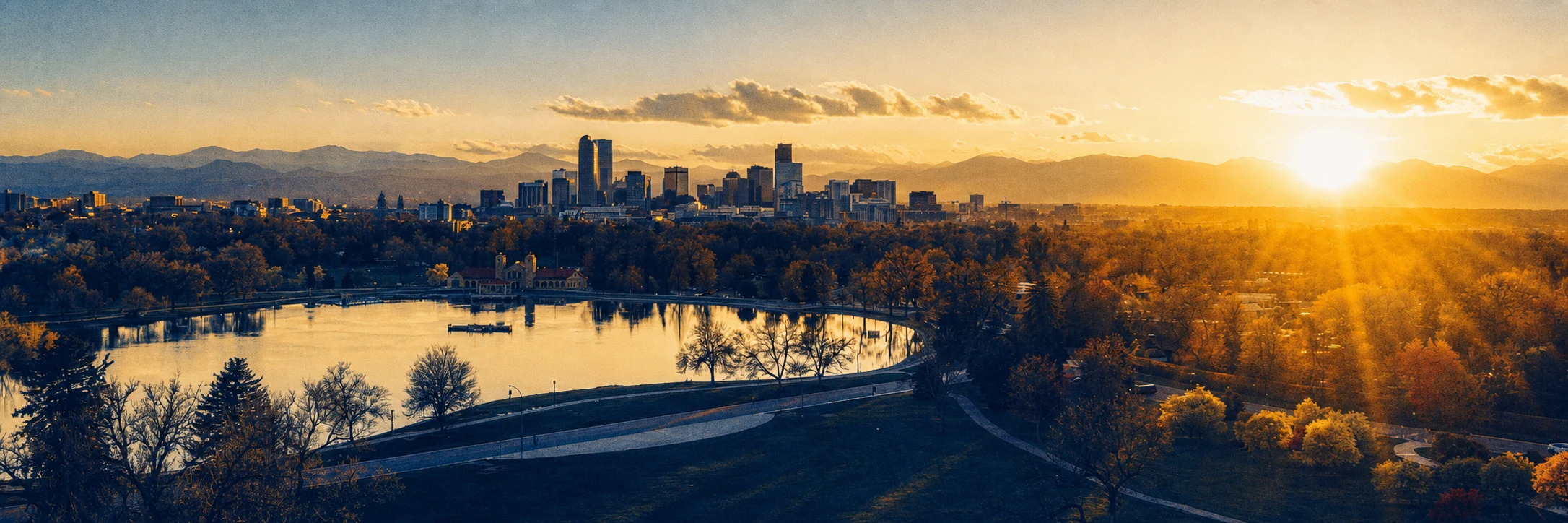 Denver skyline, City Park lake, and the Front Range at sunset